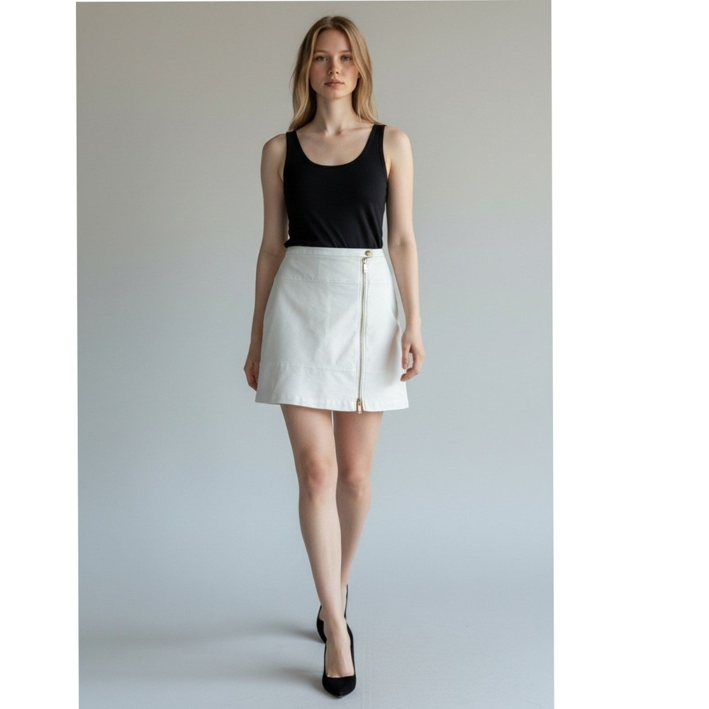 Anne Klein White A-Line Skirt Gold Front Zipper Lion Button Mini Women's Size 4